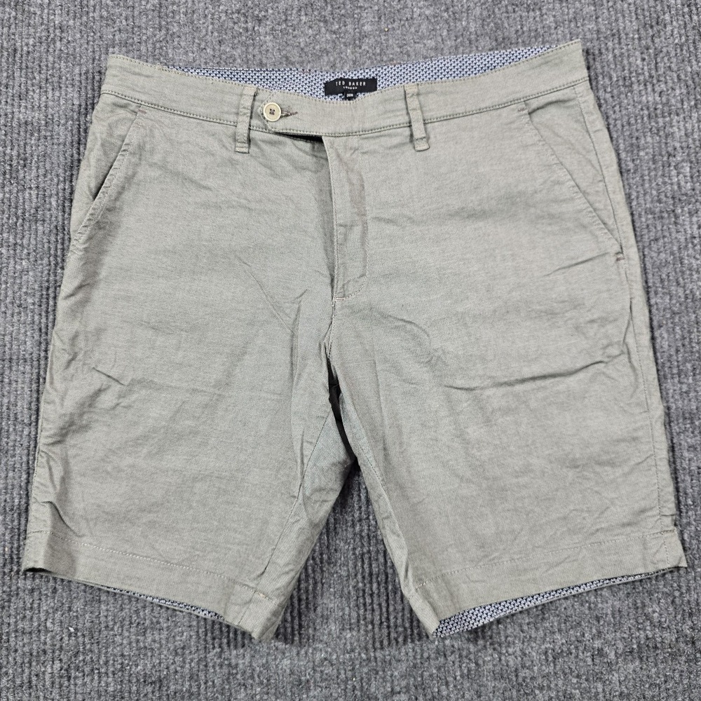 Ted Baker Shorts Mens 36 Gray Olive Stretch Chino Flat Front Casual 9"‎ Inseam